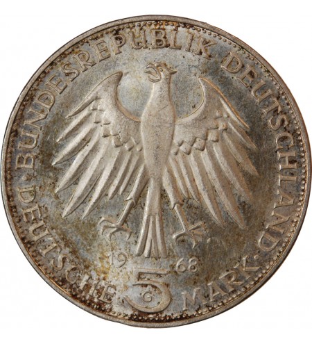 ALLEMAGNE - 5 MARK ARGENT 1968 G KARLSRUHE - GUTEMBERG