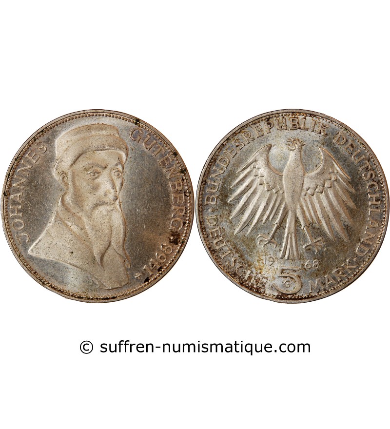 ALLEMAGNE - 5 MARK ARGENT 1968 G KARLSRUHE - GUTEMBERG