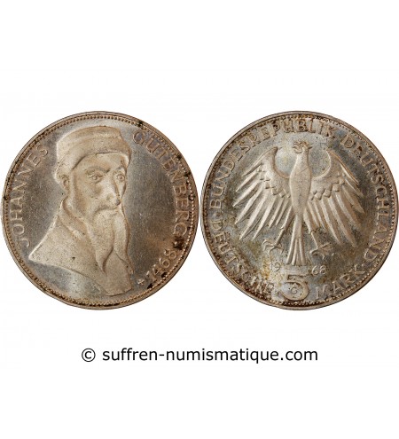 ALLEMAGNE - 5 MARK ARGENT 1968 G KARLSRUHE - GUTEMBERG