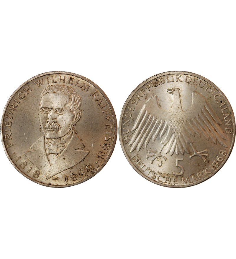 ALLEMAGNE - 5 MARK ARGENT 1968 J HAMBOURG - F.W. RAIFFEISEN