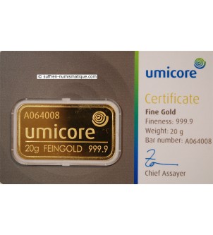 LINGOT D'OR 20 GRAMMES - UMICORE