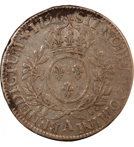 LOUIS XV - ECU ARGENT AUX BRANCHES D'OLIVIER 1726 A PARIS