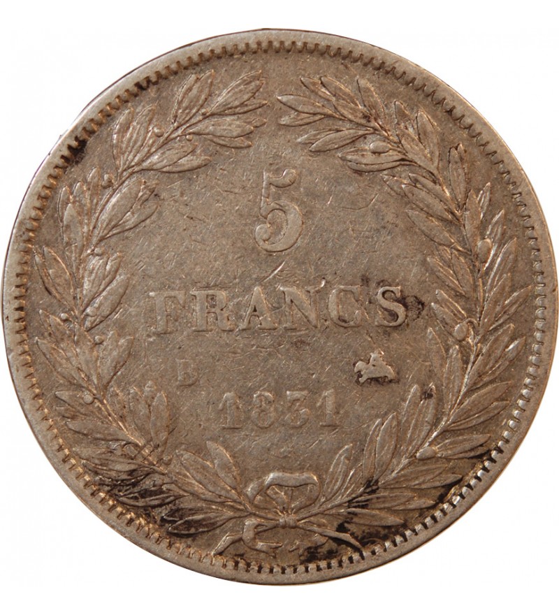 LOUIS PHILIPPE﻿ - 5 FRANCS ARGENT 1831 B ROUEN "Type Tiolier, Tr relief"