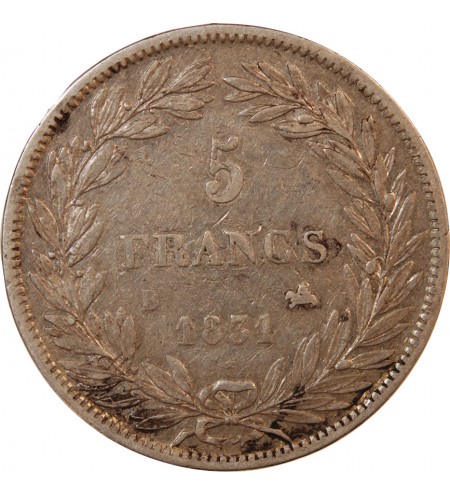LOUIS PHILIPPE﻿ - 5 FRANCS ARGENT 1831 B ROUEN "Type Tiolier, Tr relief"