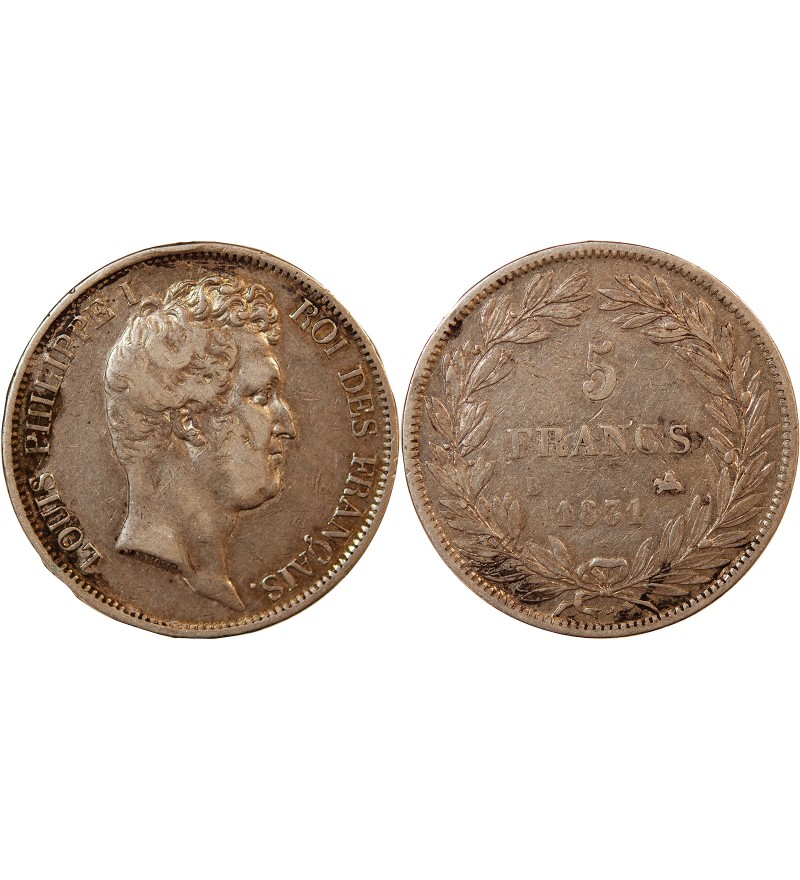 LOUIS PHILIPPE﻿ - 5 FRANCS ARGENT 1831 B ROUEN "Type Tiolier, Tr relief"