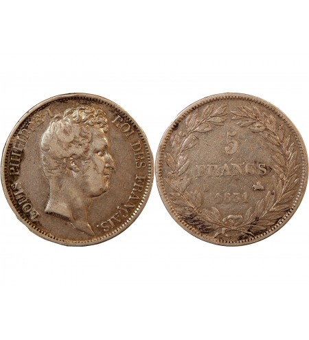LOUIS PHILIPPE﻿ - 5 FRANCS ARGENT 1831 B ROUEN "Type Tiolier, Tr relief"
