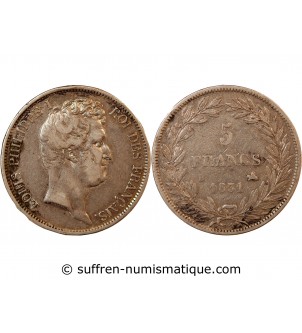 LOUIS PHILIPPE﻿ - 5 FRANCS ARGENT 1831 B ROUEN "Type Tiolier, Tr relief"