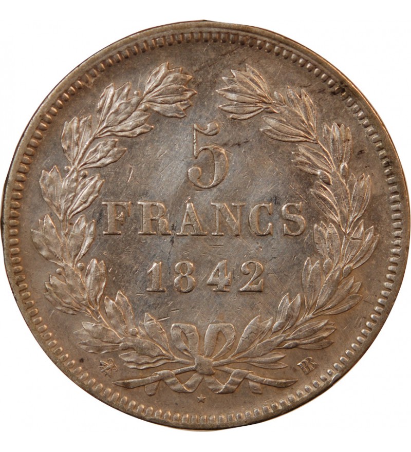 LOUIS PHILIPPE﻿ - 5 FRANCS ARGENT 1842 BB STRASBOURG "Type Domard, Tr relief"