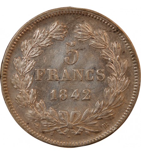 LOUIS PHILIPPE﻿ - 5 FRANCS ARGENT 1842 BB STRASBOURG "Type Domard, Tr relief"
