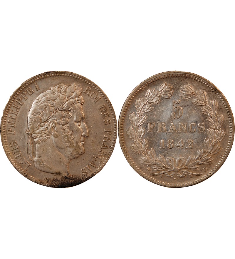 LOUIS PHILIPPE﻿ - 5 FRANCS ARGENT 1842 BB STRASBOURG "Type Domard, Tr relief"