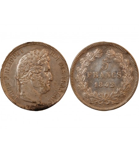 LOUIS PHILIPPE﻿ - 5 FRANCS ARGENT 1842 BB STRASBOURG "Type Domard, Tr relief"