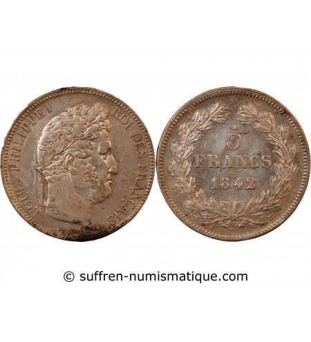 LOUIS PHILIPPE﻿ - 5 FRANCS ARGENT 1842 BB STRASBOURG "Type Domard, Tr relief"