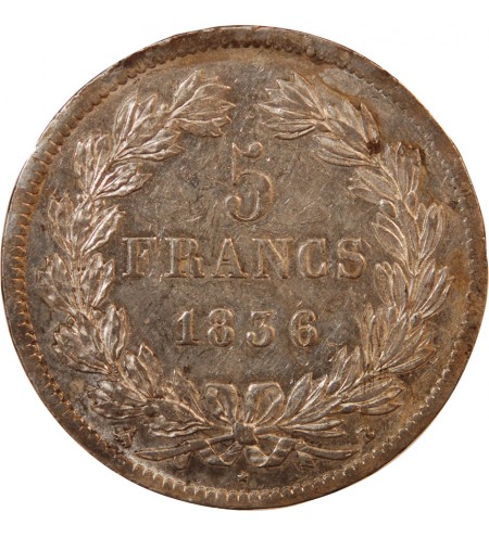 LOUIS PHILIPPE﻿ - 5 FRANCS ARGENT 1836 B ROUEN "Type Domard, Tr relief"