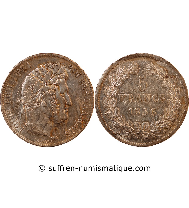 LOUIS PHILIPPE﻿ - 5 FRANCS ARGENT 1836 B ROUEN "Type Domard, Tr relief"