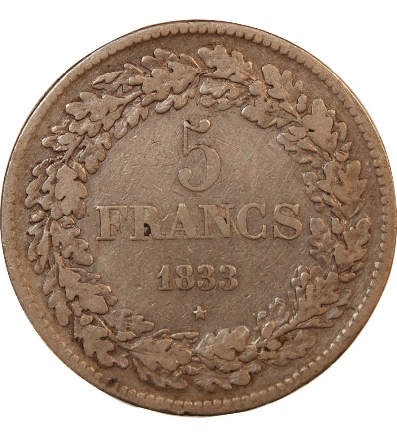 BELGIQUE, LEOPOLD Ier - 5 FRANCS ARGENT 1833