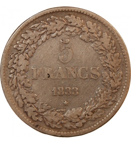 BELGIQUE, LEOPOLD Ier - 5 FRANCS ARGENT 1833