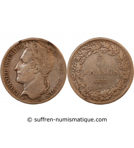 BELGIQUE, LEOPOLD Ier - 5 FRANCS ARGENT 1833