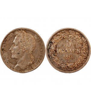 BELGIQUE, LEOPOLD Ier - 5 FRANCS ARGENT 1834 2