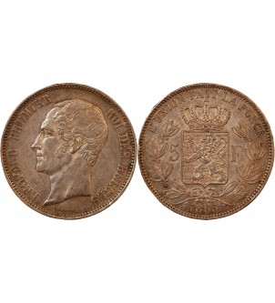 BELGIQUE, LEOPOLD Ier - 5 FRANCS ARGENT 1865 2