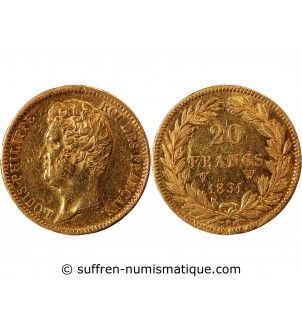LOUIS PHILIPPE﻿ Ier - 20 FRANCS OR 1831 W LILLE "Tranche en creux"