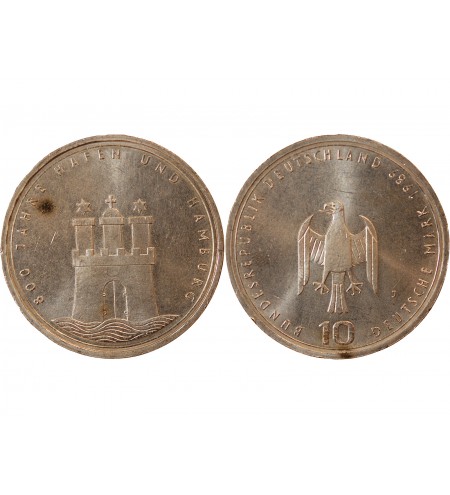 ALLEMAGNE - 10 MARK ARGENT 1989 J - 800 ANS DE HAMBOURG
