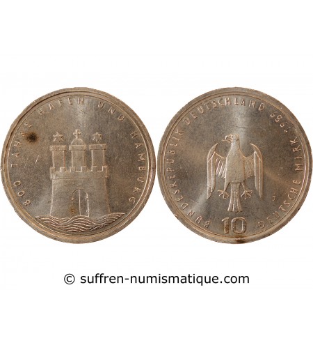 ALLEMAGNE - 10 MARK ARGENT 1989 J - 800 ANS DE HAMBOURG