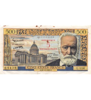 FRANCE, VICTOR HUGO - 5 NF / 500 FRANCS SURCHARGE 30.10.1958 - SÉRIE L.114 - TB+