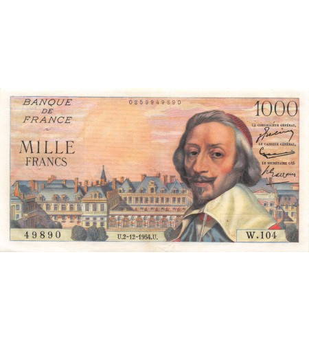 FRANCE, RICHELIEU - 1000 FRANCS 02.12.1954 - SÉRIE W.104 - TTB