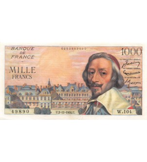 FRANCE, RICHELIEU - 1000 FRANCS 02.12.1954 - SÉRIE W.104 - TTB 2