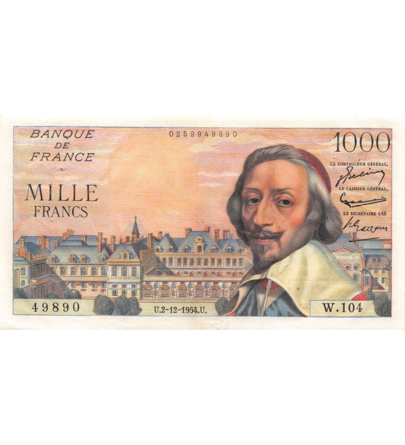 FRANCE, RICHELIEU - 1000 FRANCS 02.12.1954 - SÉRIE W.104 - TTB