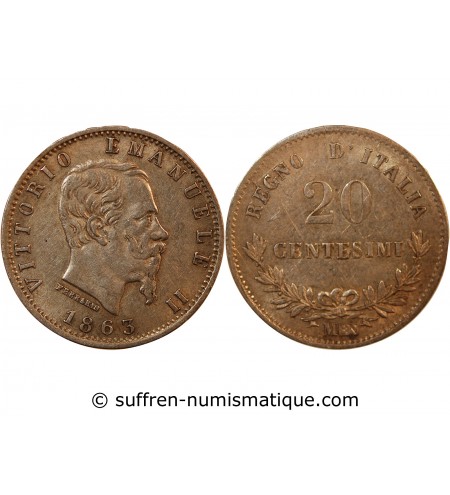 ITALIE, VICTOR EMMANUEL II - 20 CENTESIMI ARGENT 1863 M MILAN