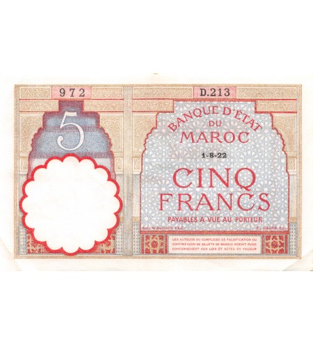 MAROC, BANQUE D'ETAT - 5 FRANCS 01/08/1922 - SÉRIE D.213