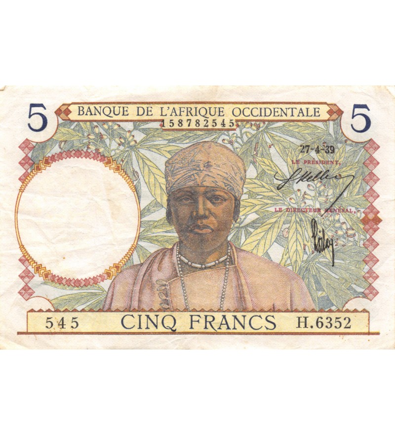 AFRIQUE OCCIDENTALE FRANCAISE - 5 FRANCS 27/04/1939 - SÉRIE H.6352