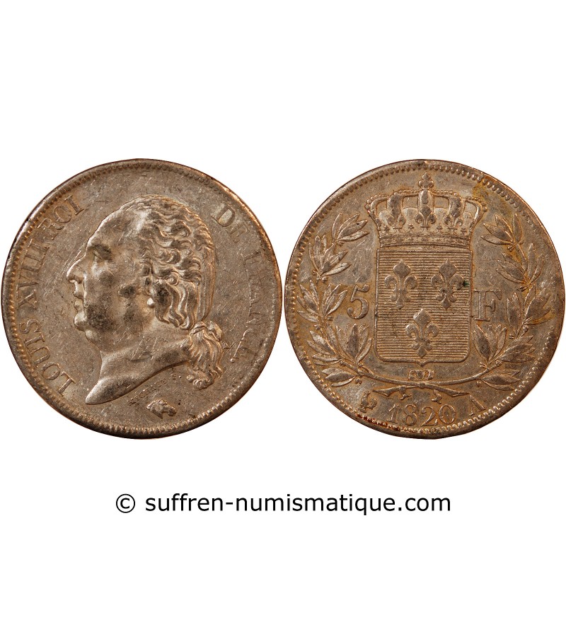 LOUIS XVIII - 5 FRANCS ARGENT 1820 A PARIS