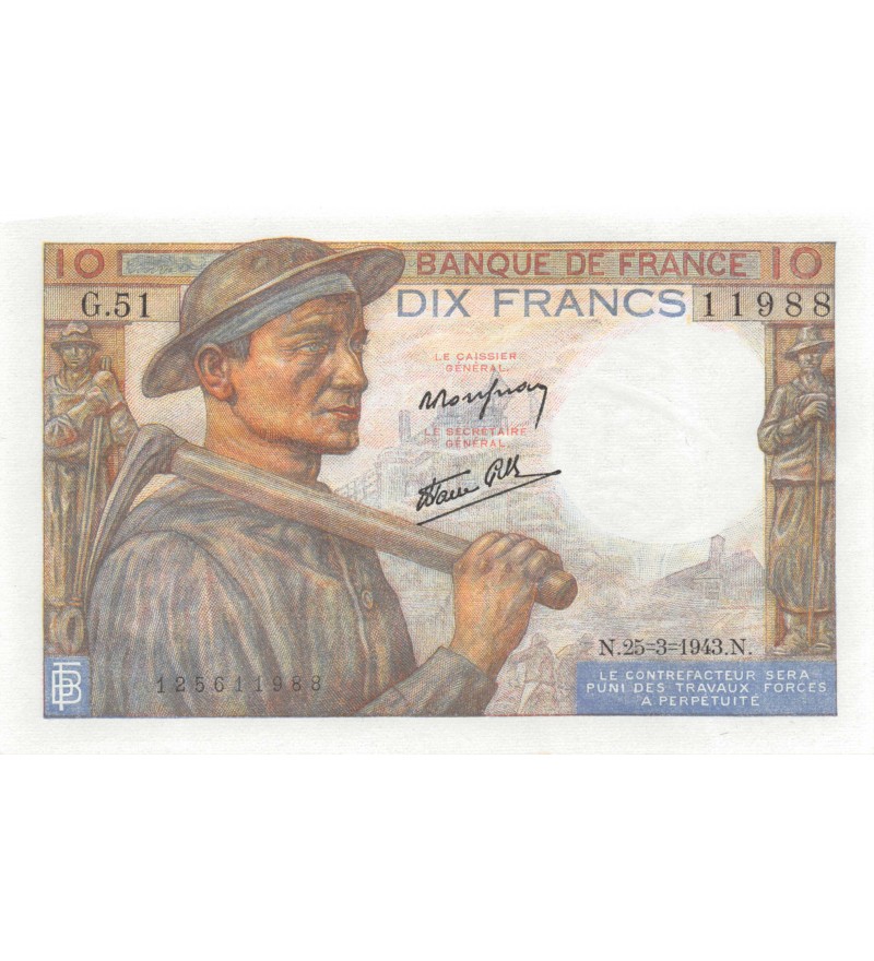 FRANCE - 10 FRANCS MINEUR 25/03/1943 - SÉRIE G.51