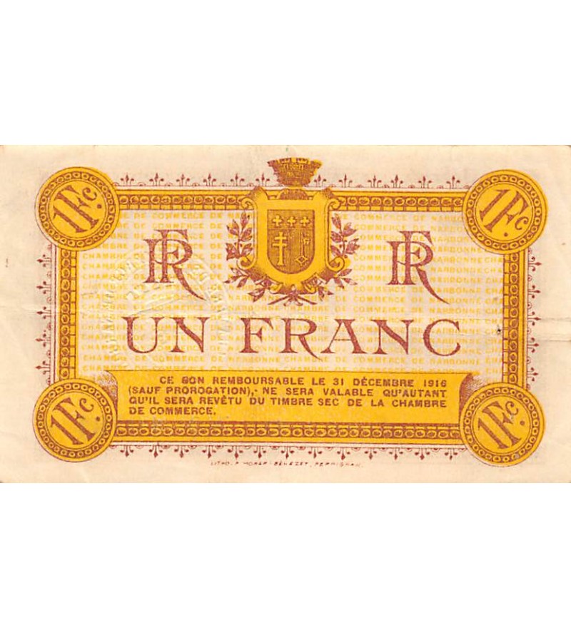 CHAMBRE DE COMMERCE DE NARBONNE - 1 FRANC 1915 - SÉRIE D
