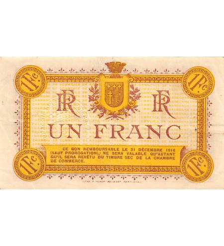 CHAMBRE DE COMMERCE DE NARBONNE - 1 FRANC 1915 - SÉRIE D