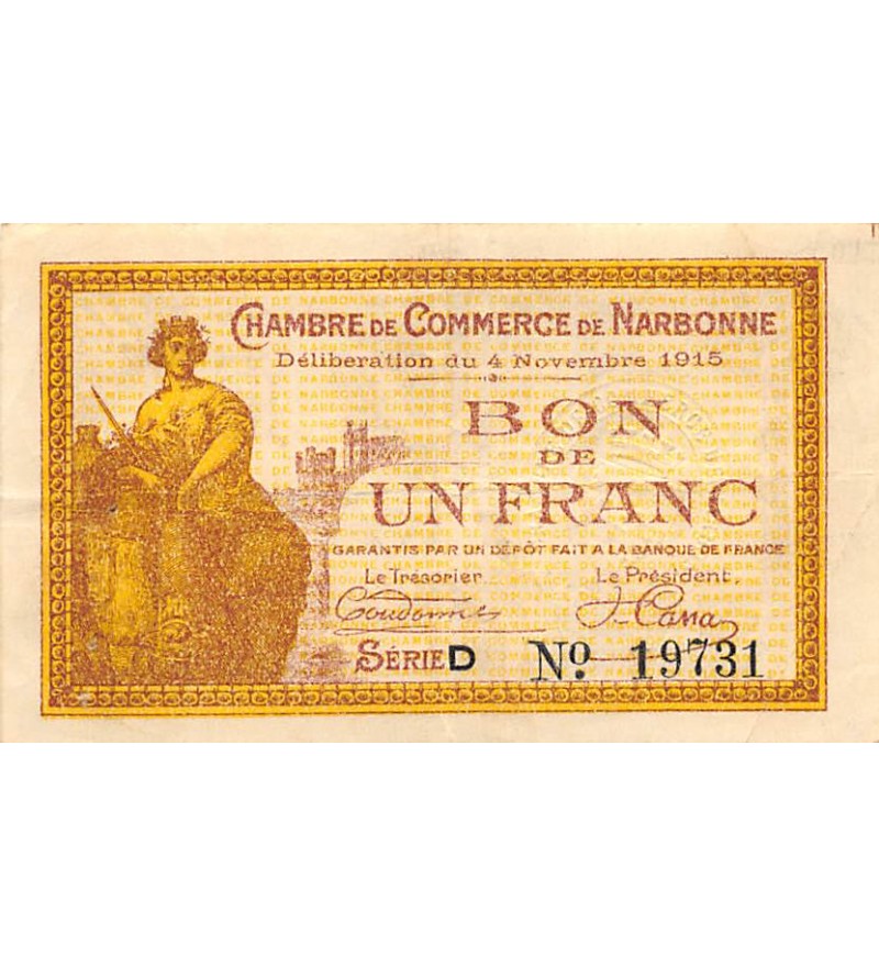 CHAMBRE DE COMMERCE DE NARBONNE - 1 FRANC 1915 - SÉRIE D