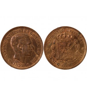 ESPAGNE, ALPHONSE XII - 5 CENTIMOS 1877 OM 2