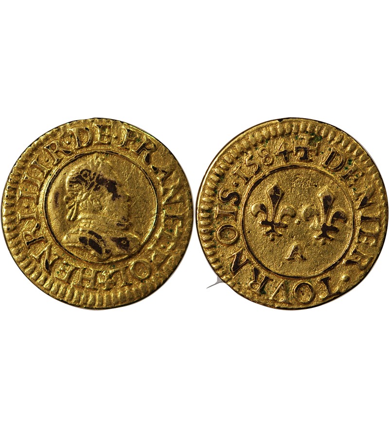 HENRI III - DENIER TOURNOIS DORÉ 1584 A PARIS - TREIZAIN DE MARIAGE