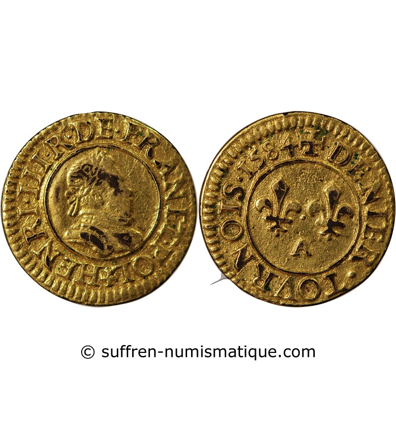 HENRI III - DENIER TOURNOIS DORÉ 1584 A PARIS - TREIZAIN DE MARIAGE