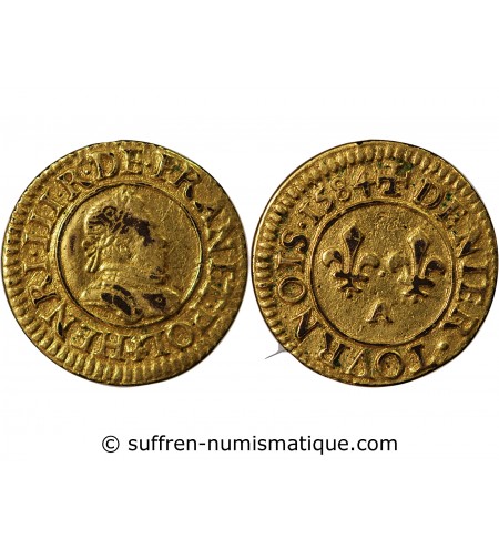 HENRI III - DENIER TOURNOIS DORÉ 1584 A PARIS - TREIZAIN DE MARIAGE
