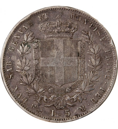 ITALIE, ROYAUME DE SARDAIGNE, VICTOR-EMMANUEL II - 5 LIRE ARGENT 1854 P GÊNES