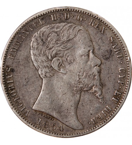 ITALIE, ROYAUME DE SARDAIGNE, VICTOR-EMMANUEL II - 5 LIRE ARGENT 1854 P GÊNES