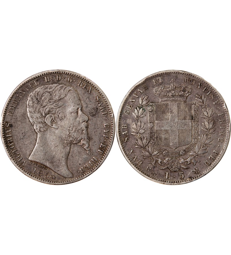 ITALIE, ROYAUME DE SARDAIGNE, VICTOR-EMMANUEL II - 5 LIRE ARGENT 1854 P GÊNES