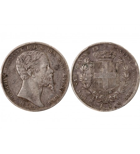 ITALIE, ROYAUME DE SARDAIGNE, VICTOR-EMMANUEL II - 5 LIRE ARGENT 1854 P GÊNES