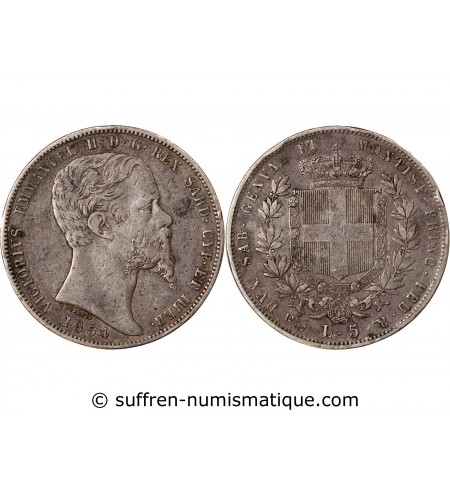 ITALIE, ROYAUME DE SARDAIGNE, VICTOR-EMMANUEL II - 5 LIRE ARGENT 1854 P GÊNES