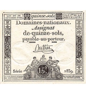 RÉVOLUTION FRANCAISE, ASSIGNAT - 15 SOLS - LOI DU 24/10/1792 2