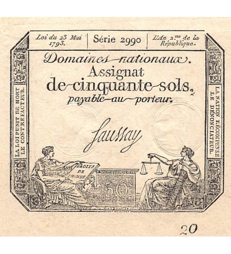 RÉVOLUTION FRANCAISE, ASSIGNAT - 50 SOLS - LOI DU 23/05/1793