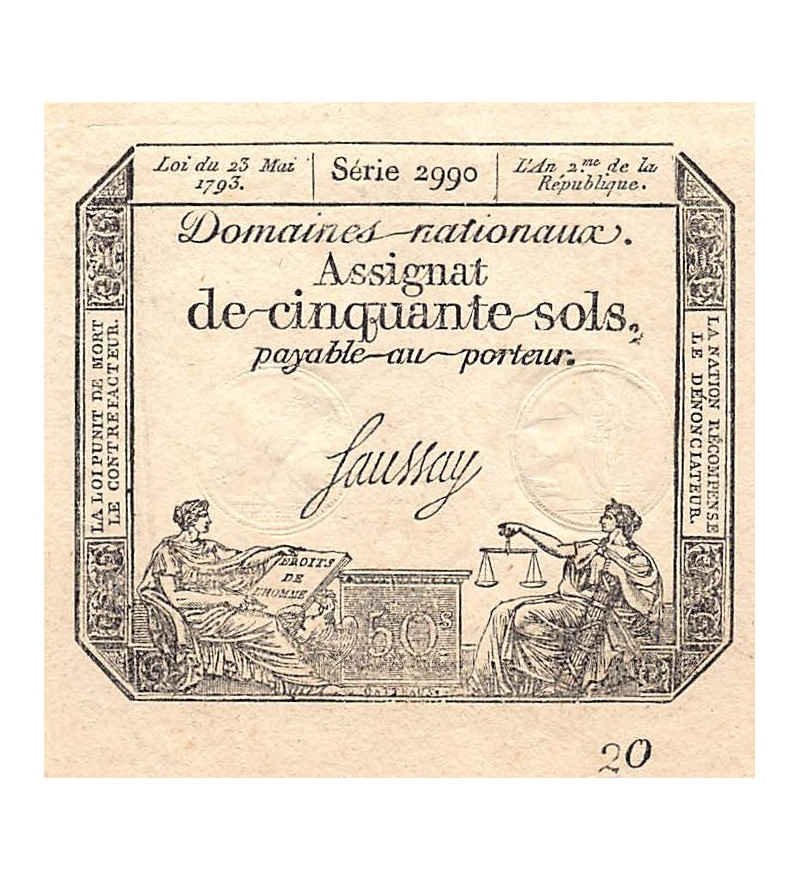 RÉVOLUTION FRANCAISE, ASSIGNAT - 50 SOLS - LOI DU 23/05/1793